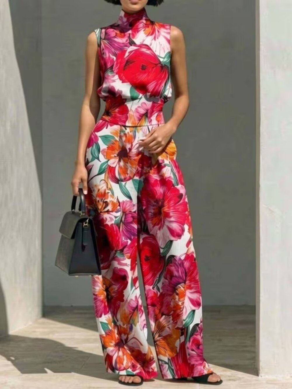 Pink Red Floral Mock Neck Sleeveless Wide Leg Jumpsuit with Pockets
